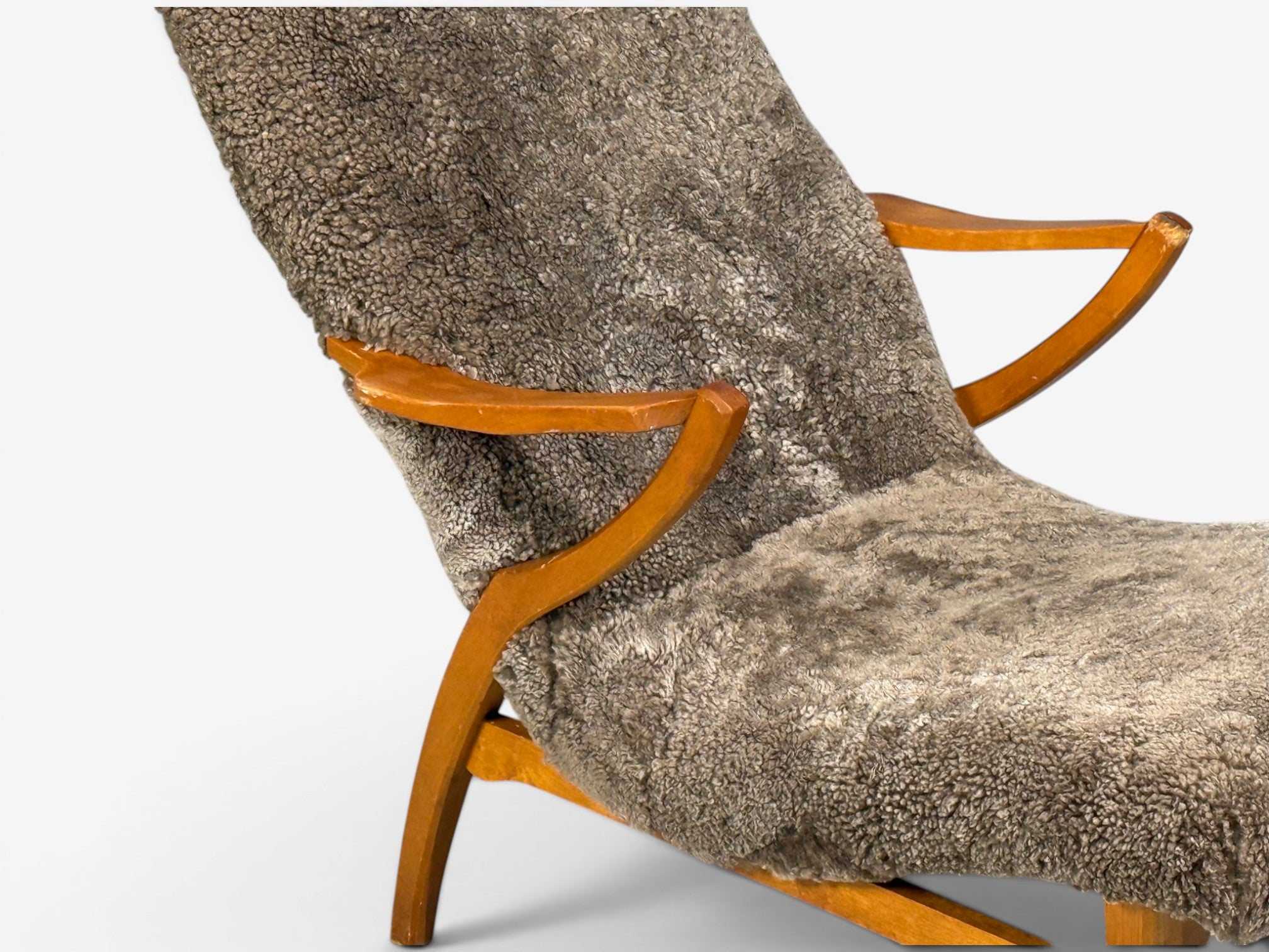 JIO Möbler, Chaise Lounge, Gray Shearling, Elm, Sweden, 1960s