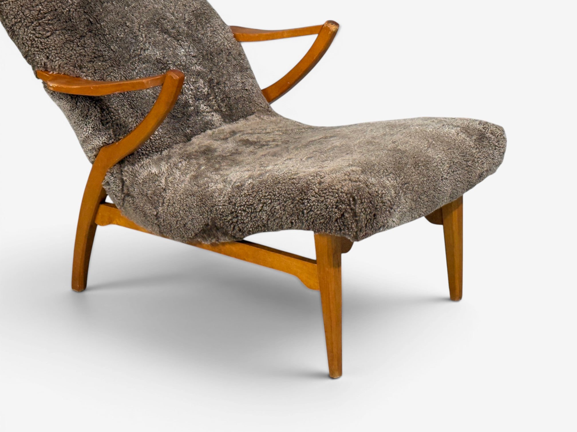 JIO Möbler, Chaise Lounge, Gray Shearling, Elm, Sweden, 1960s