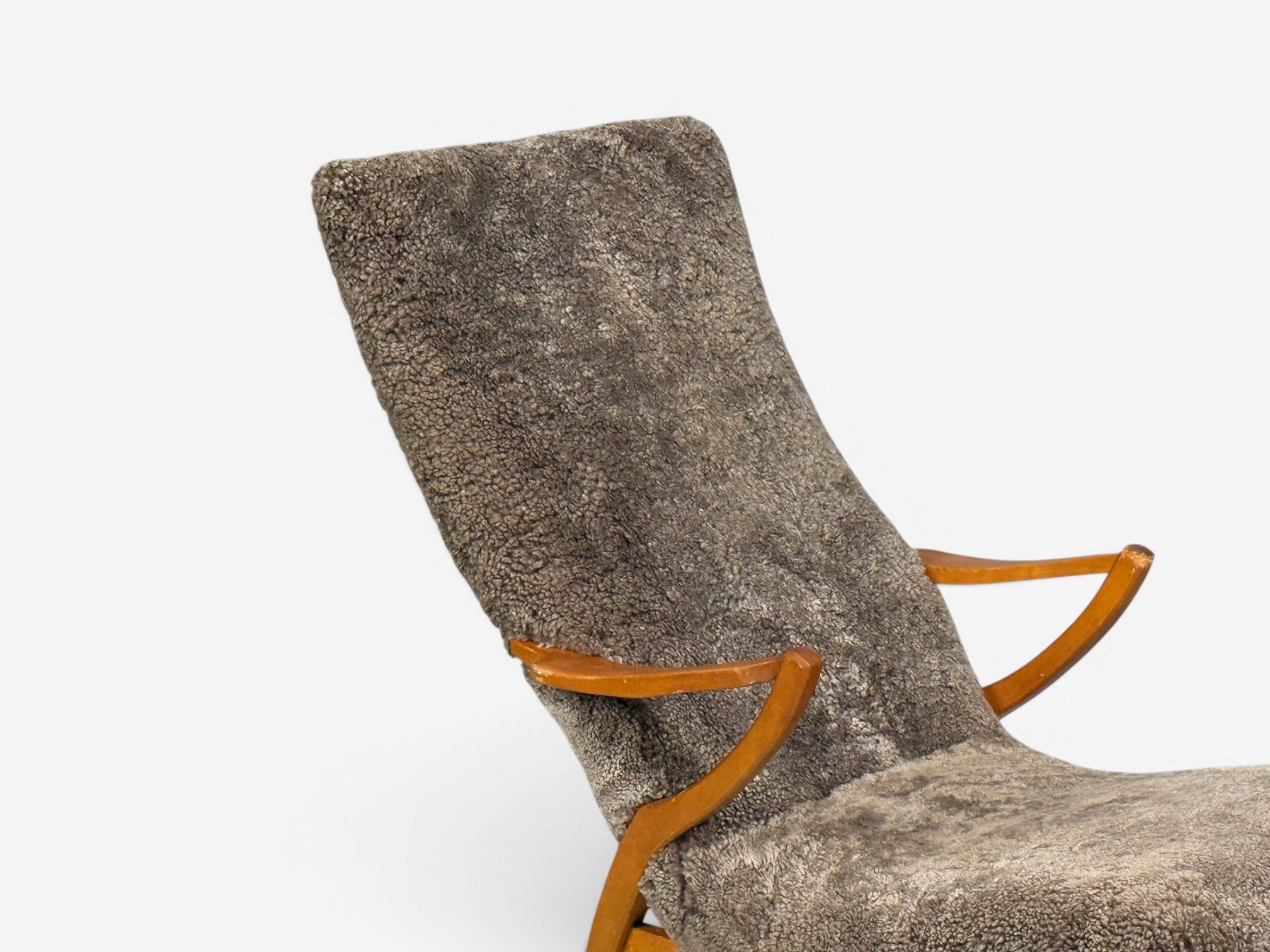 JIO Möbler, Chaise Lounge, Gray Shearling, Elm, Sweden, 1960s