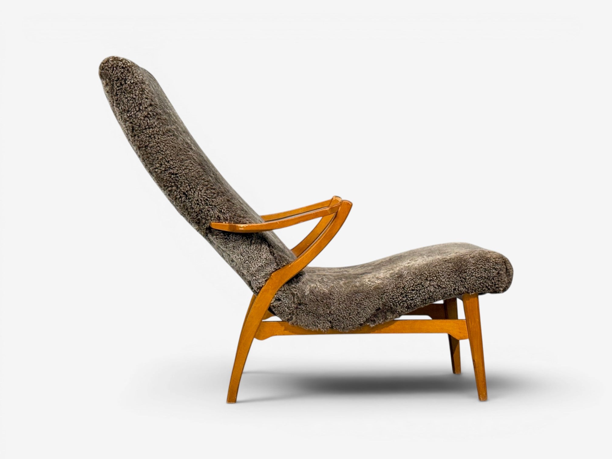 JIO Möbler, Chaise Lounge, Gray Shearling, Elm, Sweden, 1960s