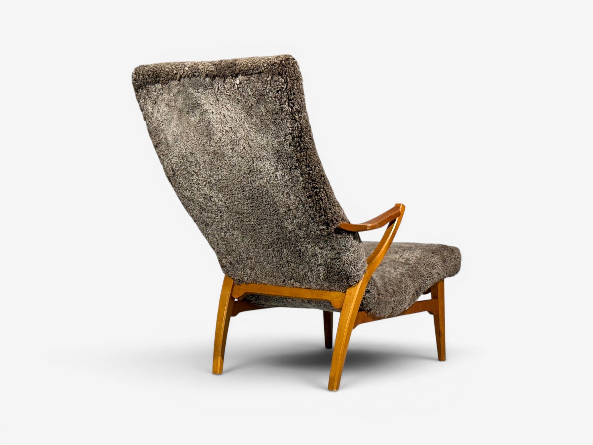 JIO Möbler, Chaise Lounge, Gray Shearling, Elm, Sweden, 1960s