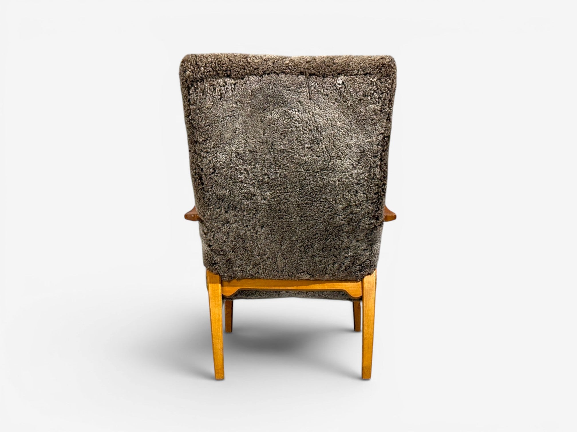JIO Möbler, Chaise Lounge, Gray Shearling, Elm, Sweden, 1960s