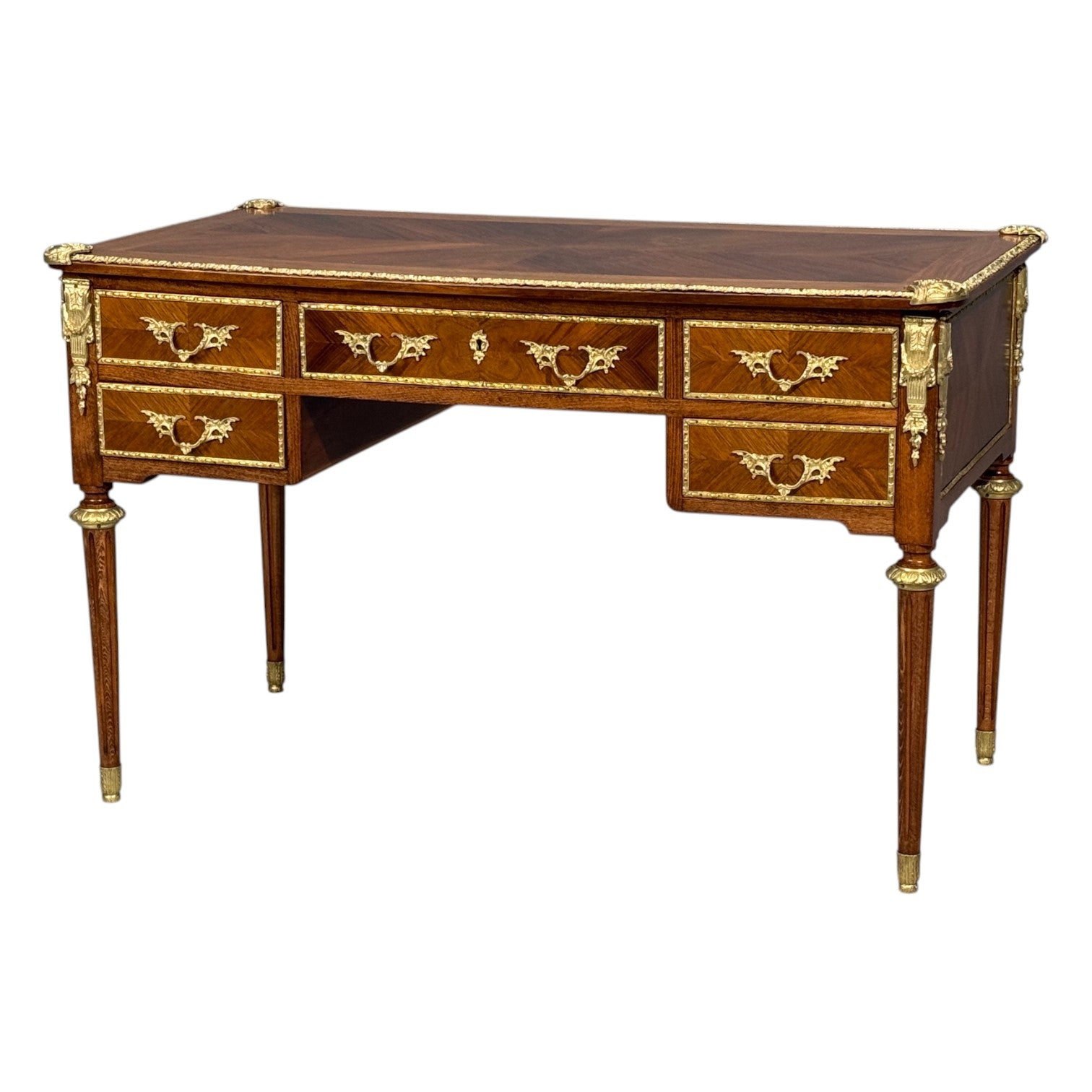 Louis XVI Style, Writing Desk, Bookmatched Walnut, Bronze, France, 1920s