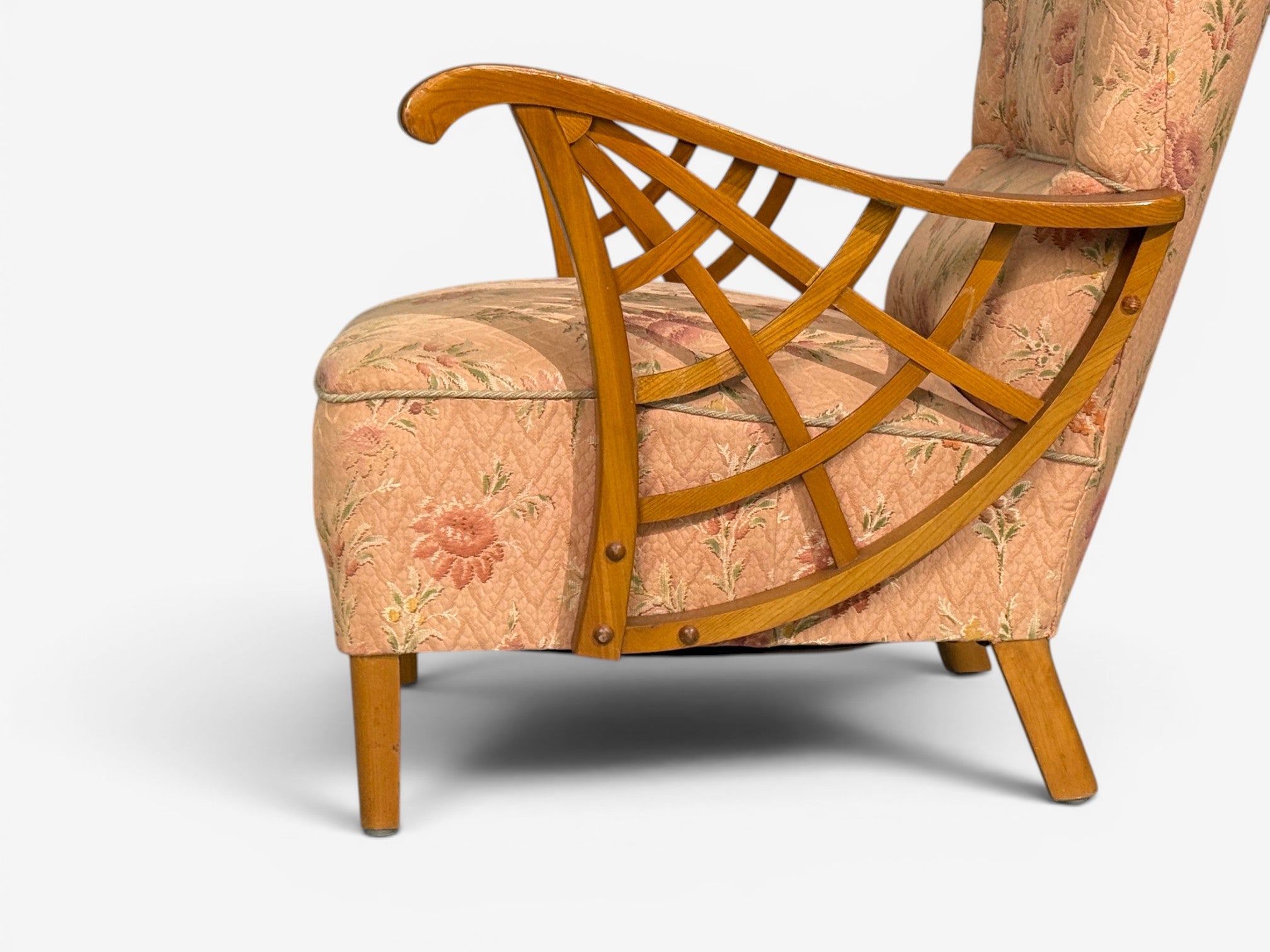Swedish Modern, Lounge Chairs, Braided Wood, Fabric, Sweden, 1930s