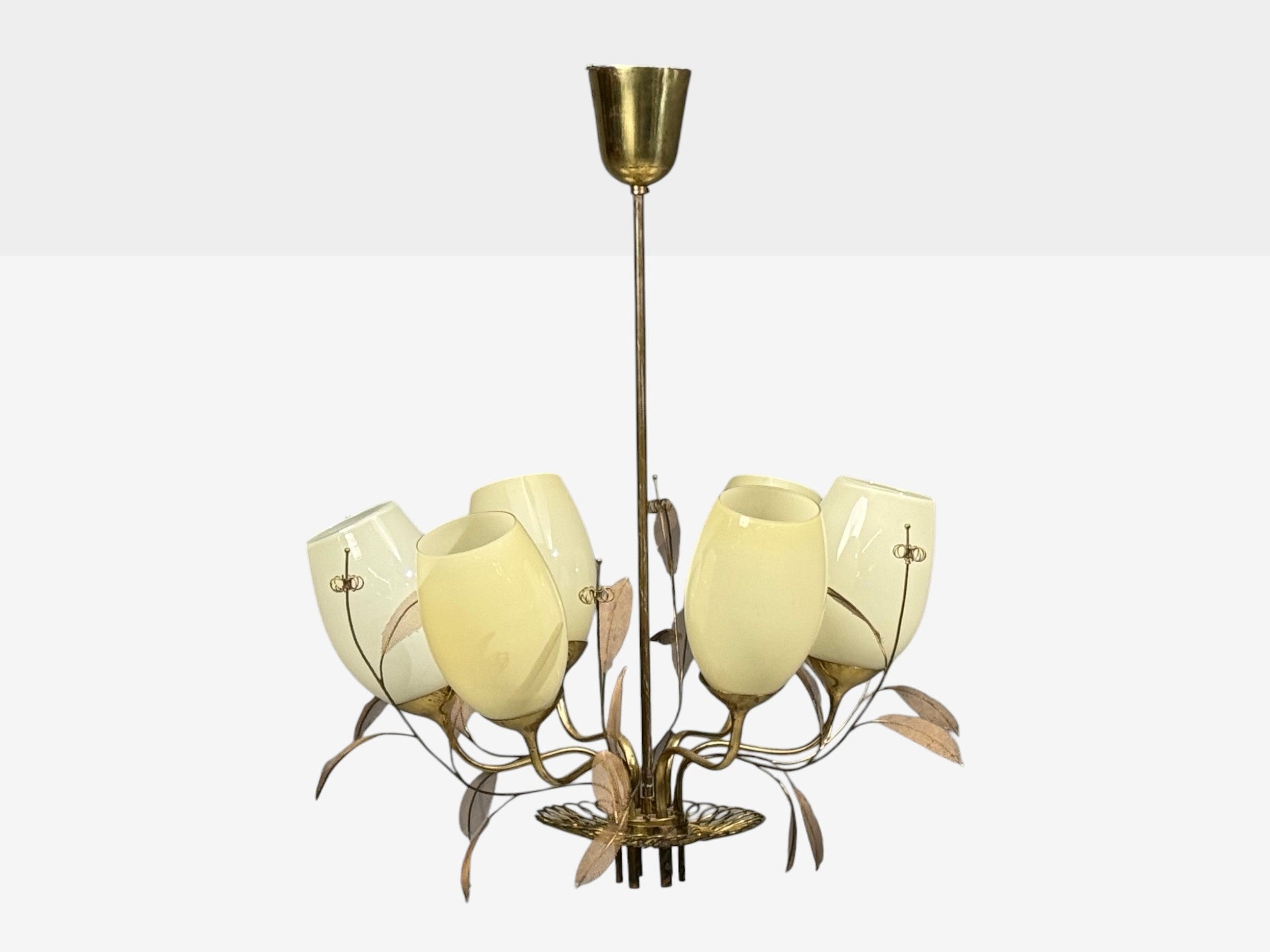 Paavo Tynell, Chandelier, Milk Glass, Brass, Finland, 1950s