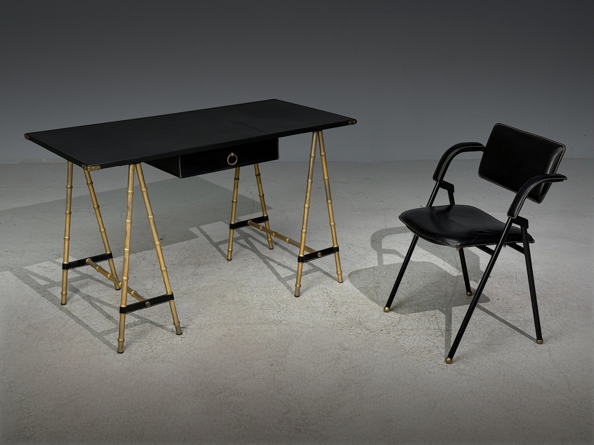 Jacques Adnet attr., Desk and Folding Chair, Black Leather, Brass, France, 1950s