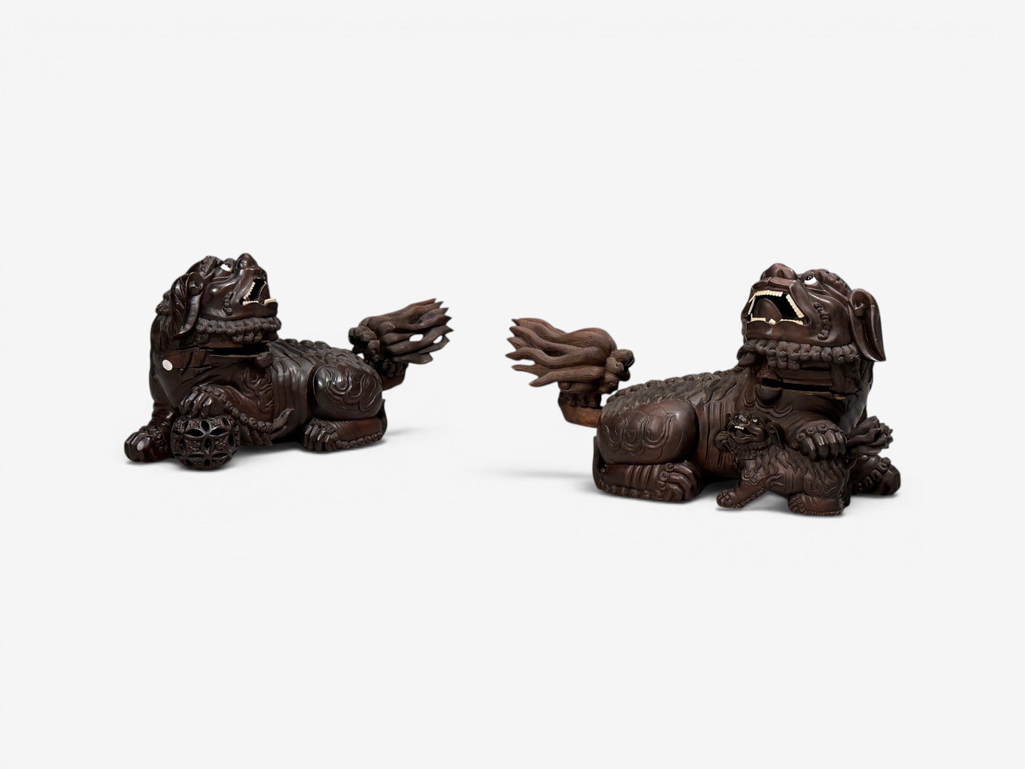 Chinese Export, Opposing Foo Dogs, Solid Teakwood, Glass, China, 19th c.