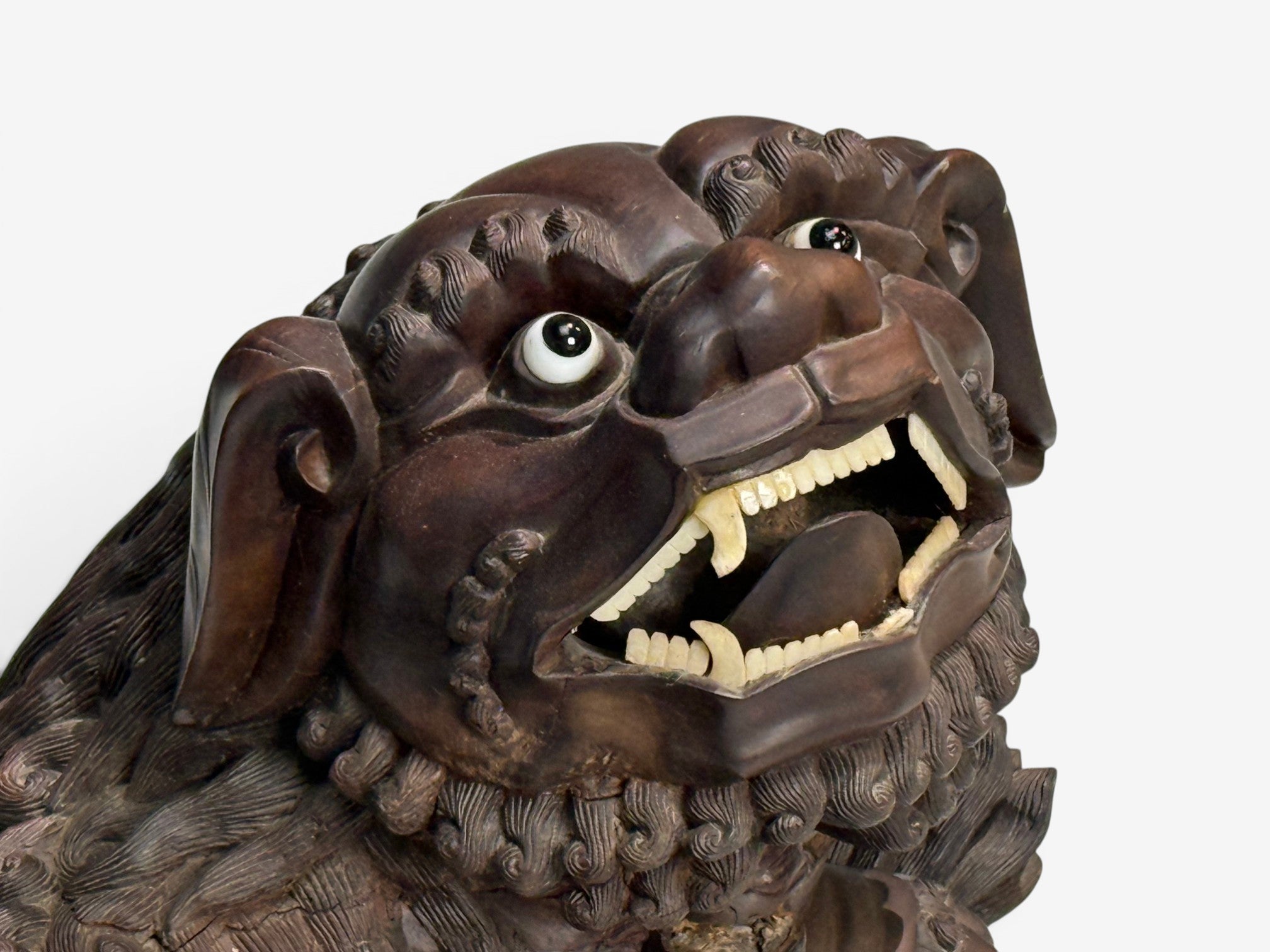 Chinese Export, Opposing Foo Dogs, Solid Teakwood, Glass, China, 19th c.