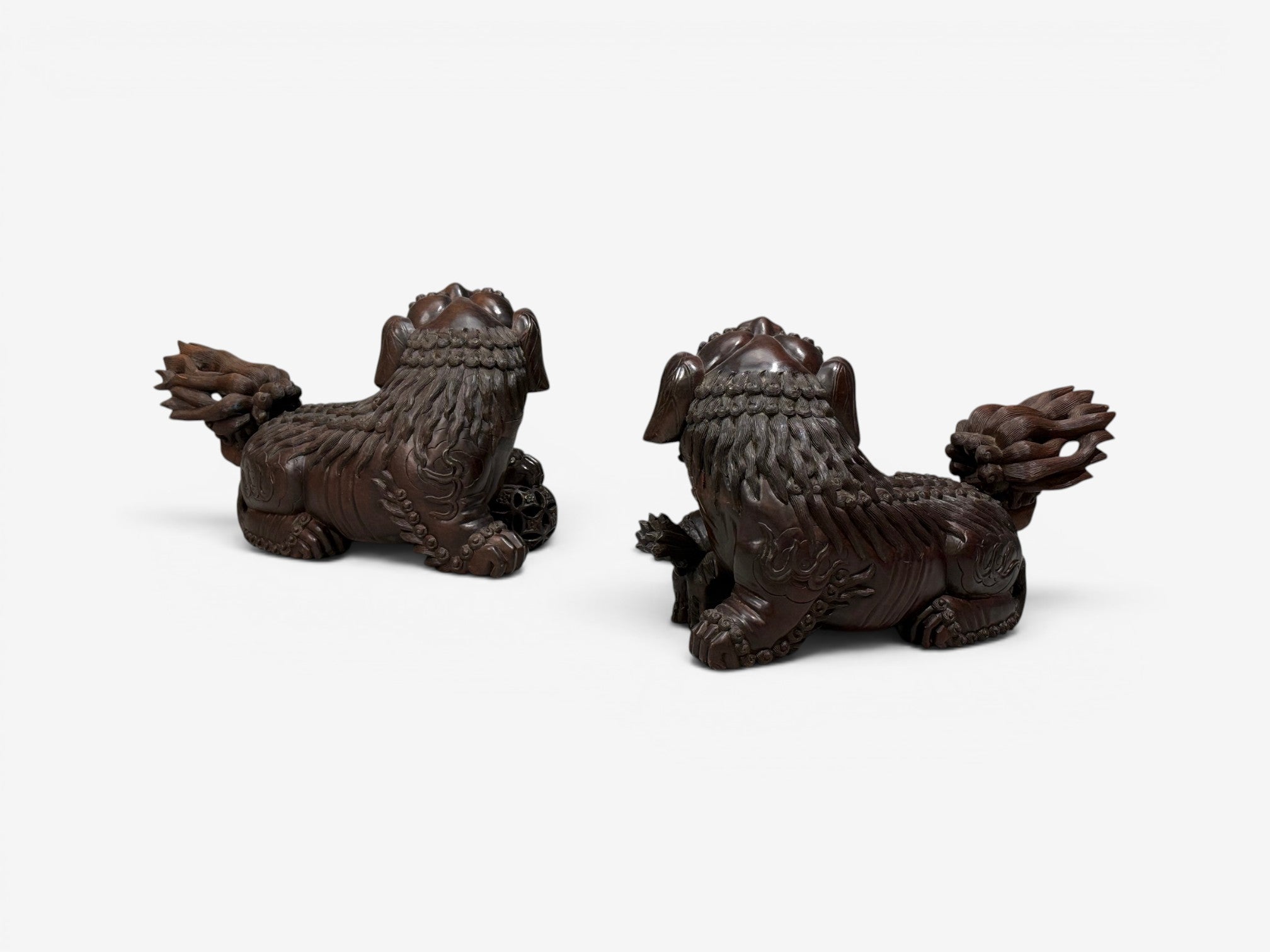 Chinese Export, Opposing Foo Dogs, Solid Teakwood, Glass, China, 19th c.