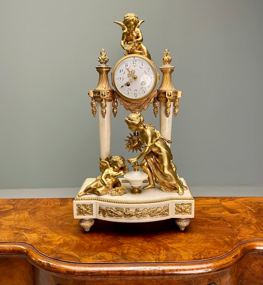 Louis XVI Style, Clock Garniture, Gilt Bronze, Marble, France, 1920s