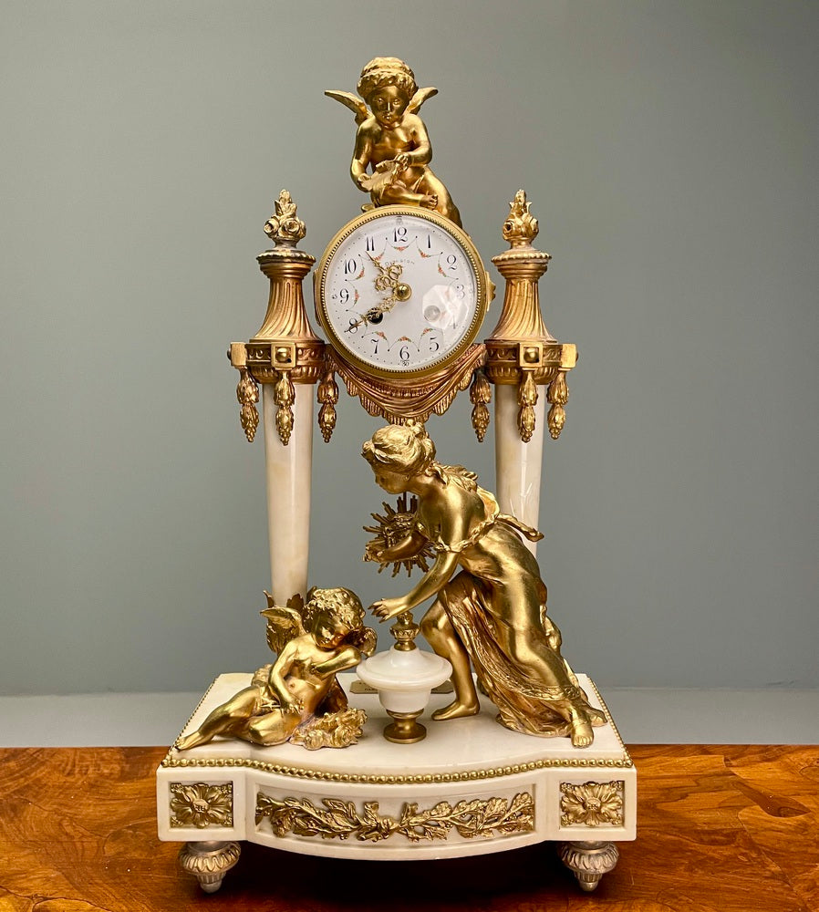 Louis XVI Style, Clock Garniture, Gilt Bronze, Marble, France, 1920s