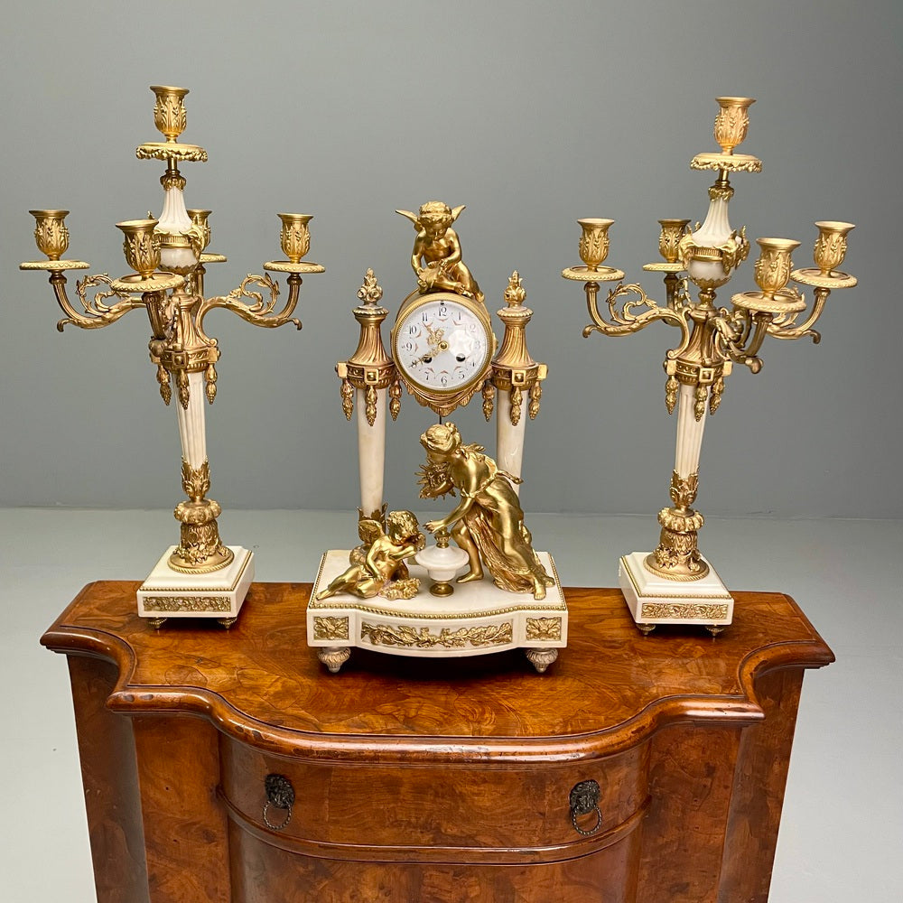 Louis XVI Style, Clock Garniture, Gilt Bronze, Marble, France, 1920s