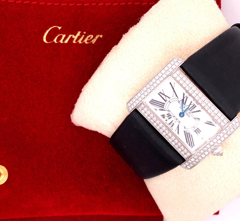 Cartier 18 Karat White Gold Mini Tank Divan Watch Diamond Paved Case
