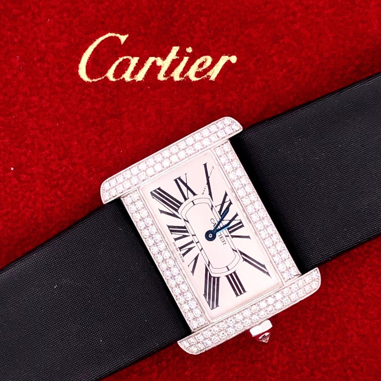 Cartier 18 Karat White Gold Mini Tank Divan Watch Diamond Paved Case