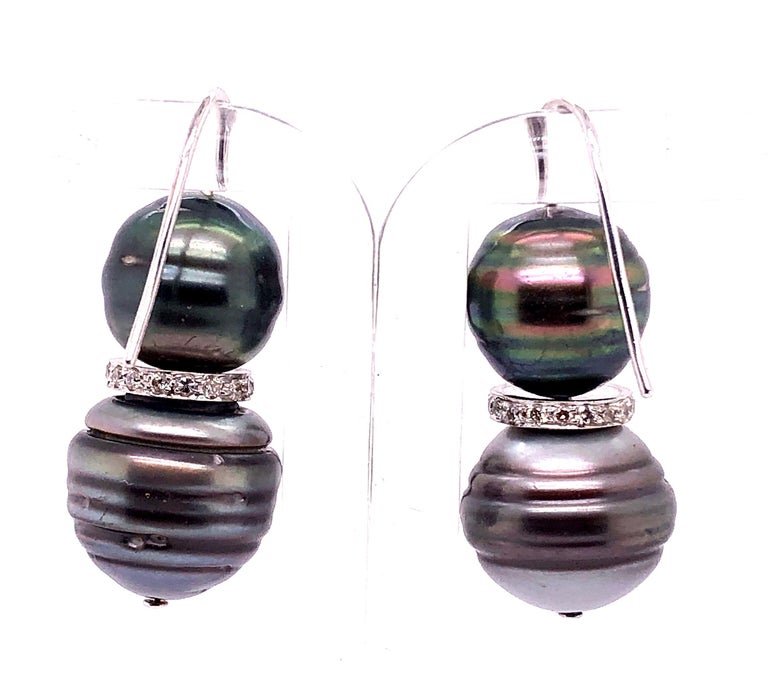 Double Black Baroque Pearl and Pave Diamond Drop Earrings
