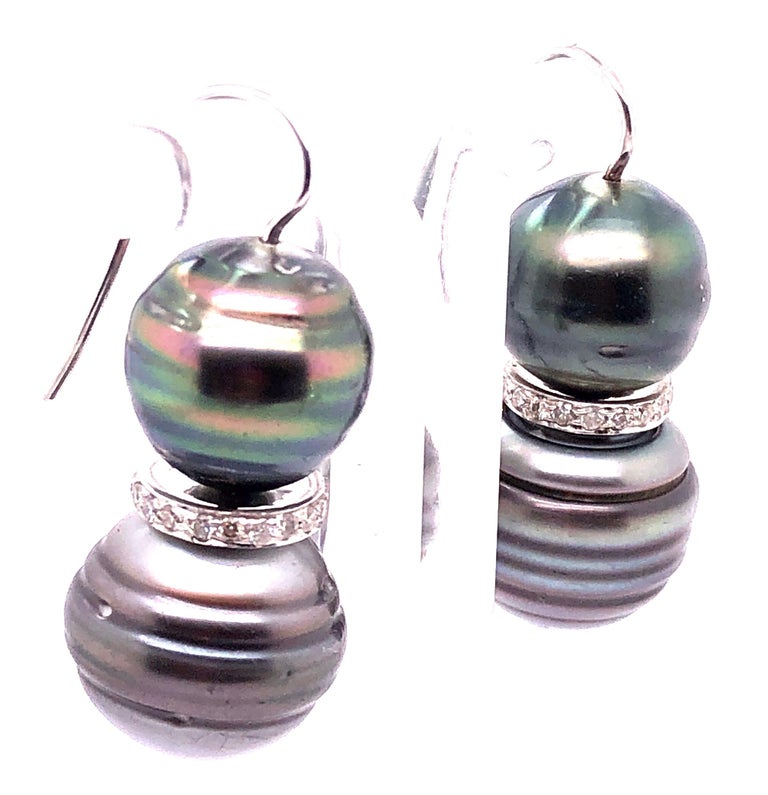 Double Black Baroque Pearl and Pave Diamond Drop Earrings