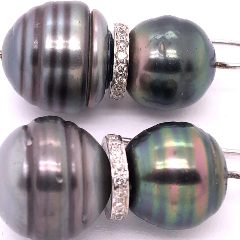 Double Black Baroque Pearl and Pave Diamond Drop Earrings
