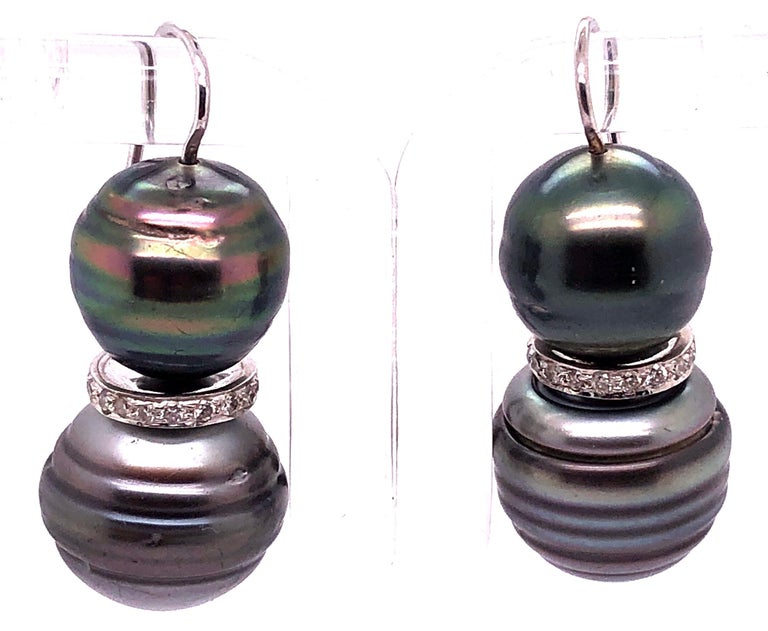 Double Black Baroque Pearl and Pave Diamond Drop Earrings