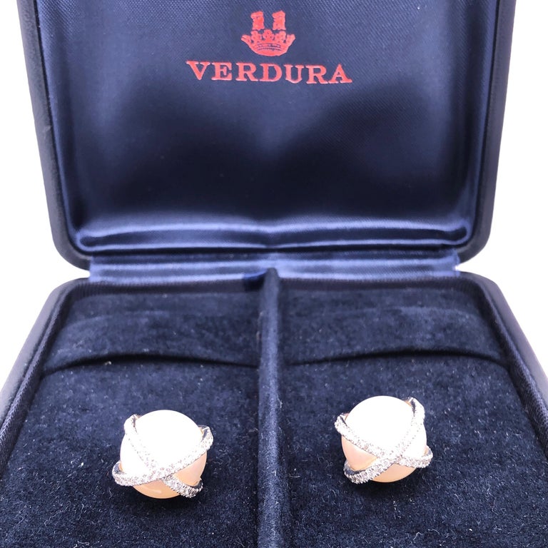 Verdura 18 Karat White Gold Wrapped Pearl and Diamond Earrings