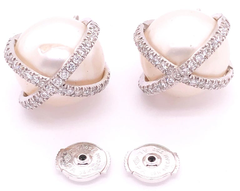Verdura 18 Karat White Gold Wrapped Pearl and Diamond Earrings