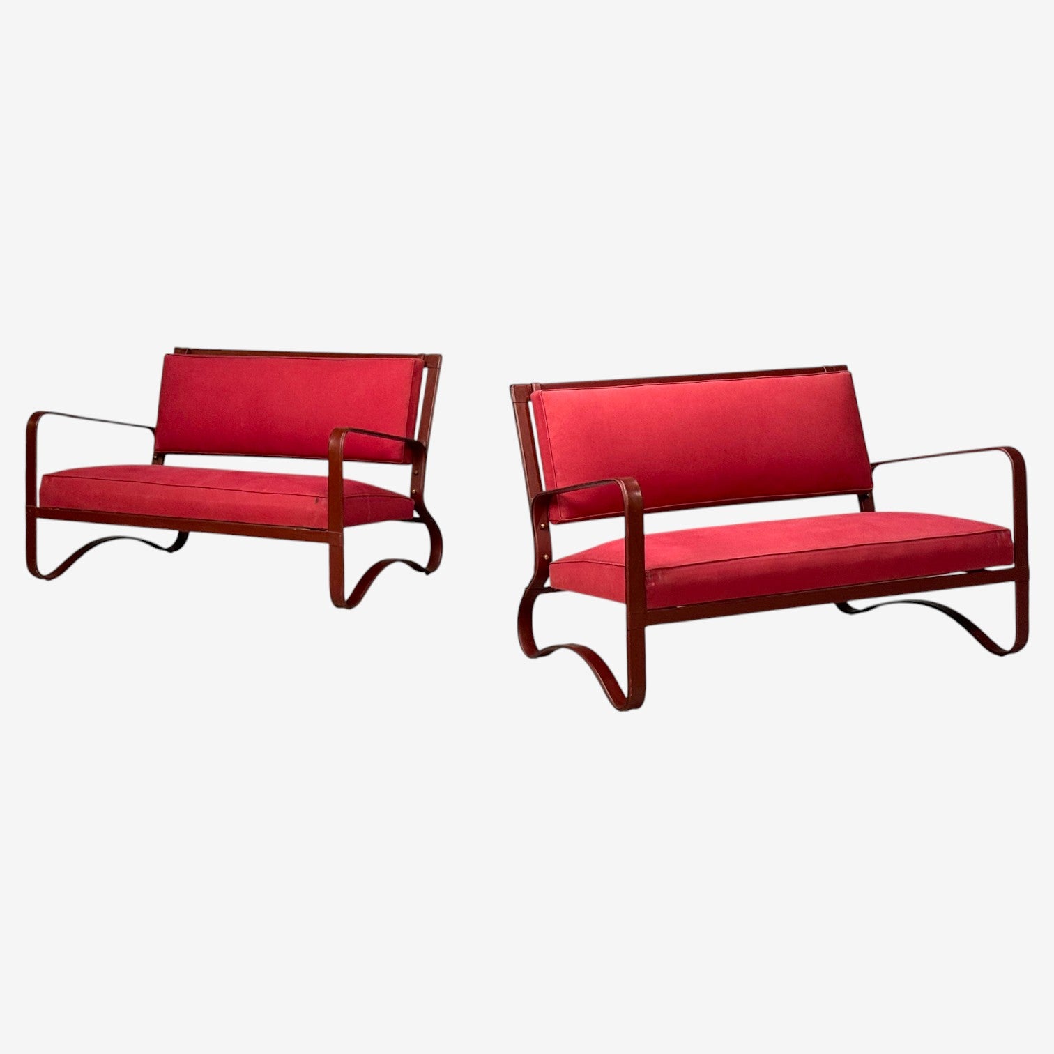 Jacques Adnet, Rare Two Seater Sofas, Leather, Steel, France, 1950s