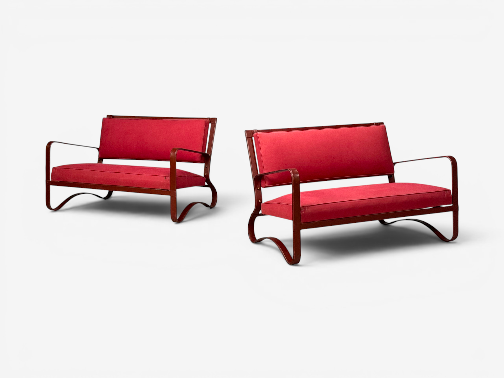 Jacques Adnet, Rare Two Seater Sofas, Leather, Steel, France, 1950s
