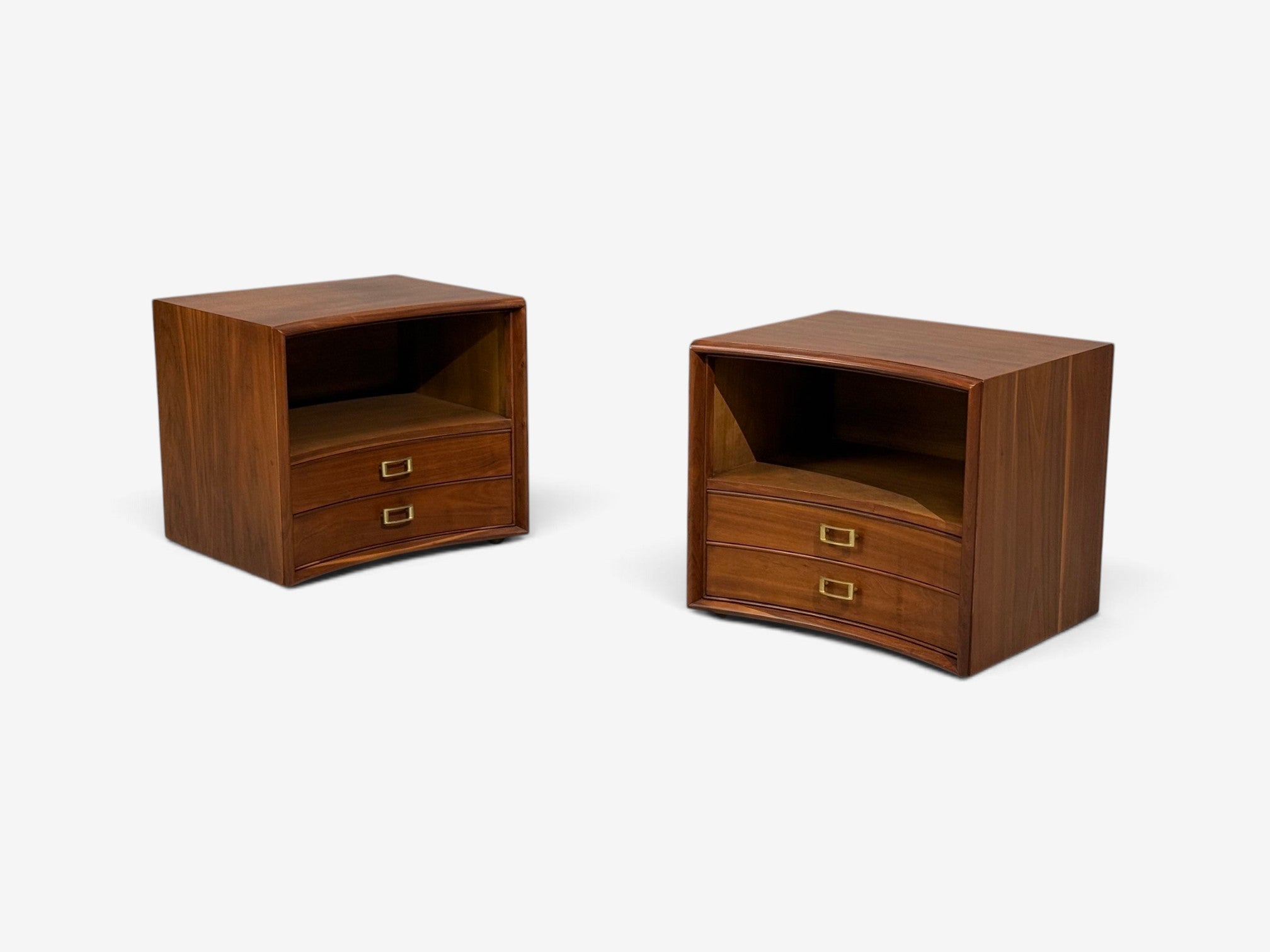 Paul Frankl, John Stuart, Concave Nightstands, Walnut, Brass, USA, 1950s