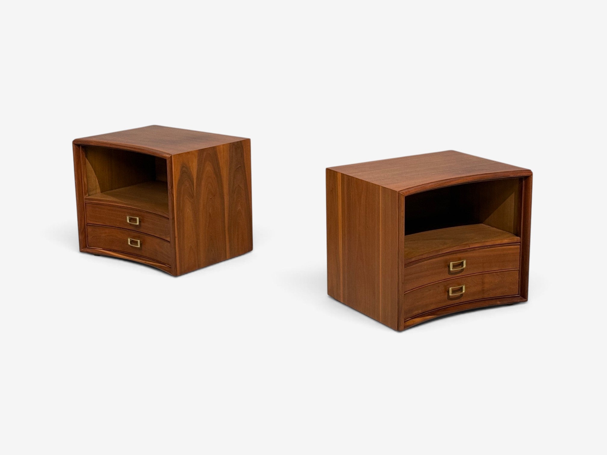 Paul Frankl, John Stuart, Concave Nightstands, Walnut, Brass, USA, 1950s