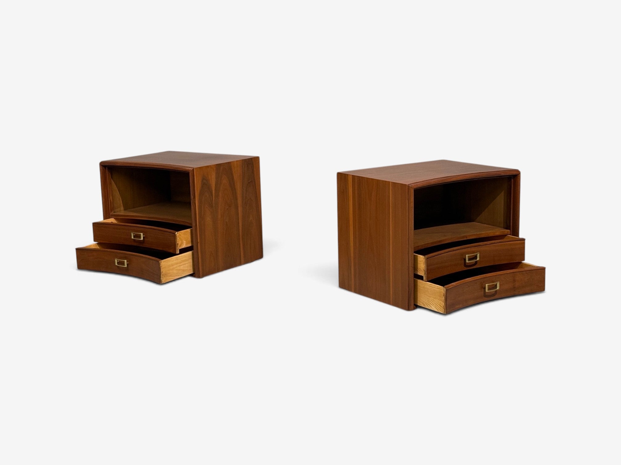 Paul Frankl, John Stuart, Concave Nightstands, Walnut, Brass, USA, 1950s