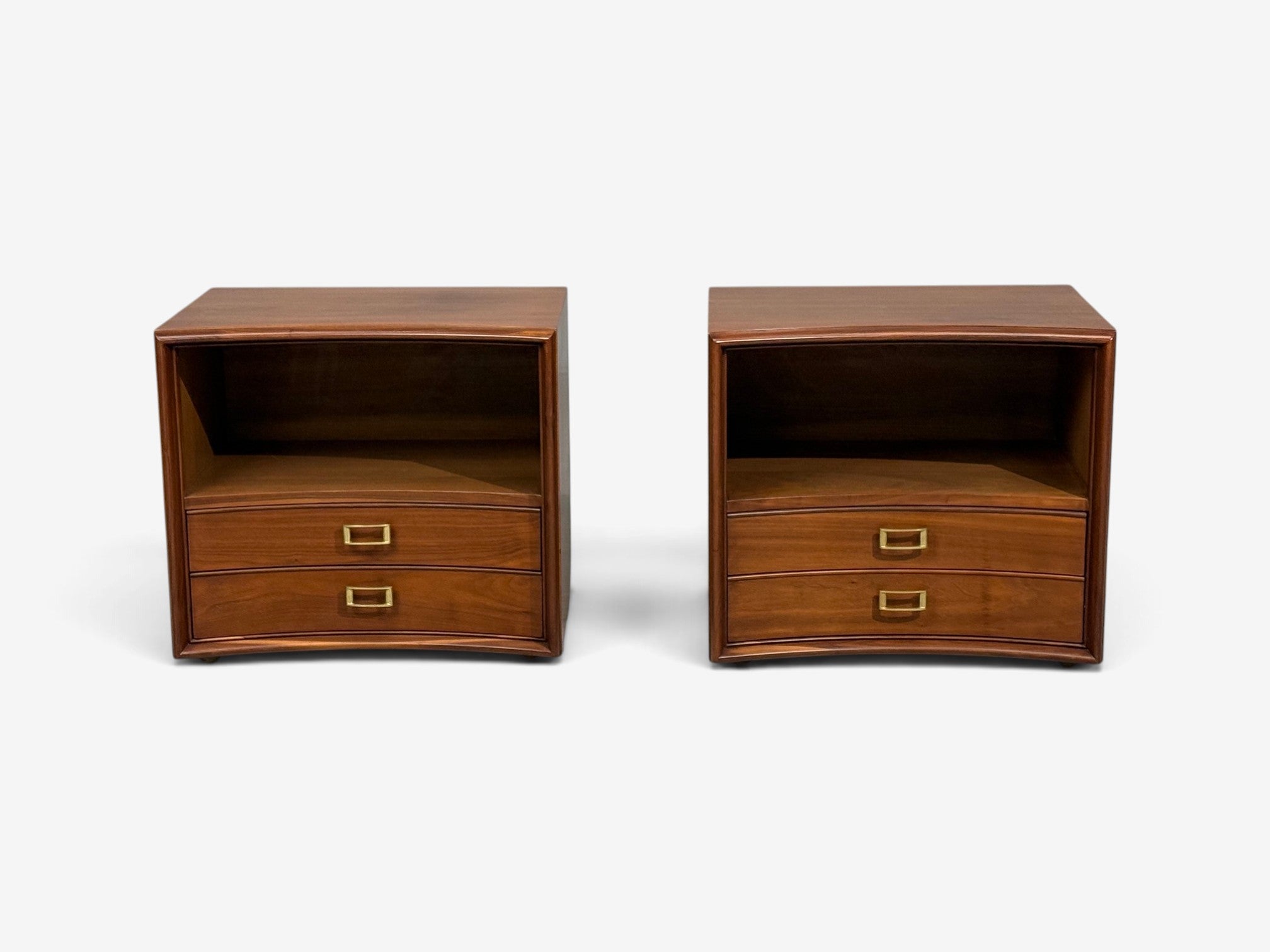 Paul Frankl, John Stuart, Concave Nightstands, Walnut, Brass, USA, 1950s