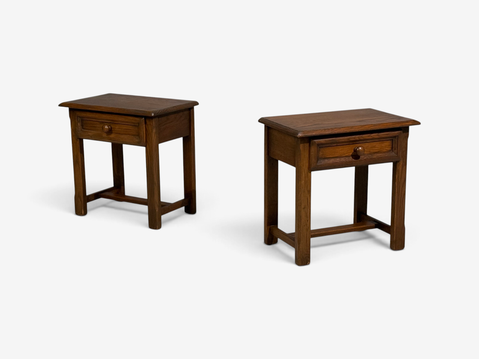 French Modern, Brutalist Nightstands, Oak, France, 1960s