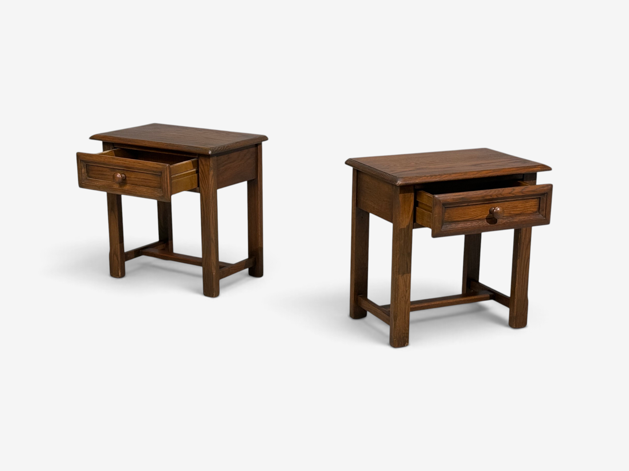 French Modern, Brutalist Nightstands, Oak, France, 1960s