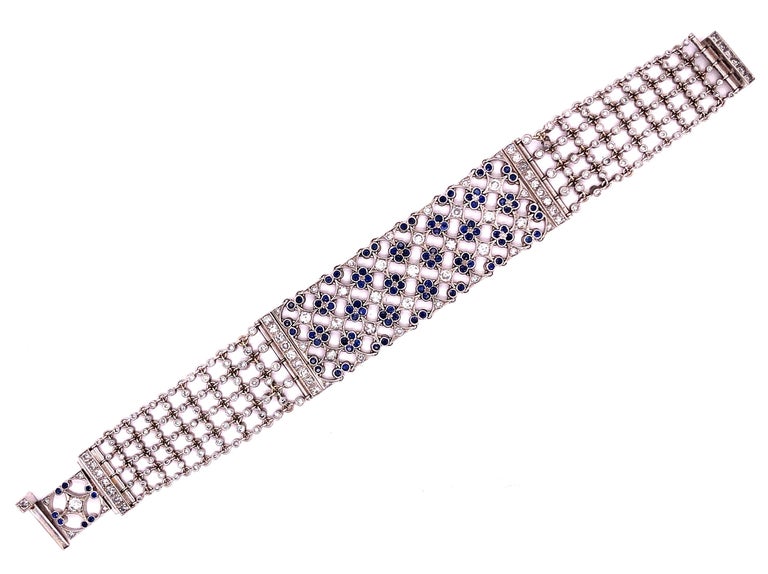 18 Karat White Gold Mesh Sapphire and Diamond Lace Bracelet