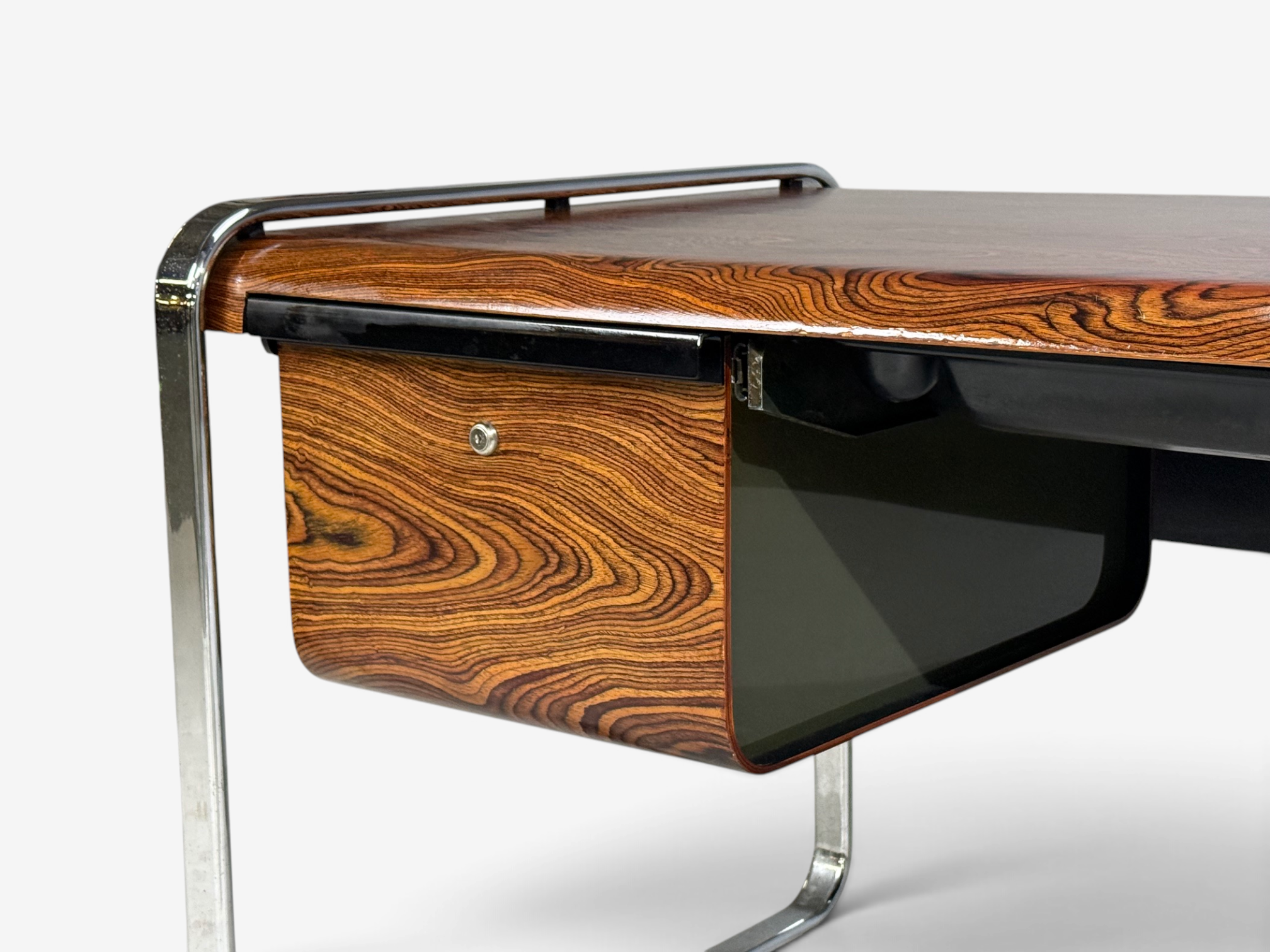 Peter Protzman, Unique Writing Desk, Zebrawood, Chrome, USA, 1970s