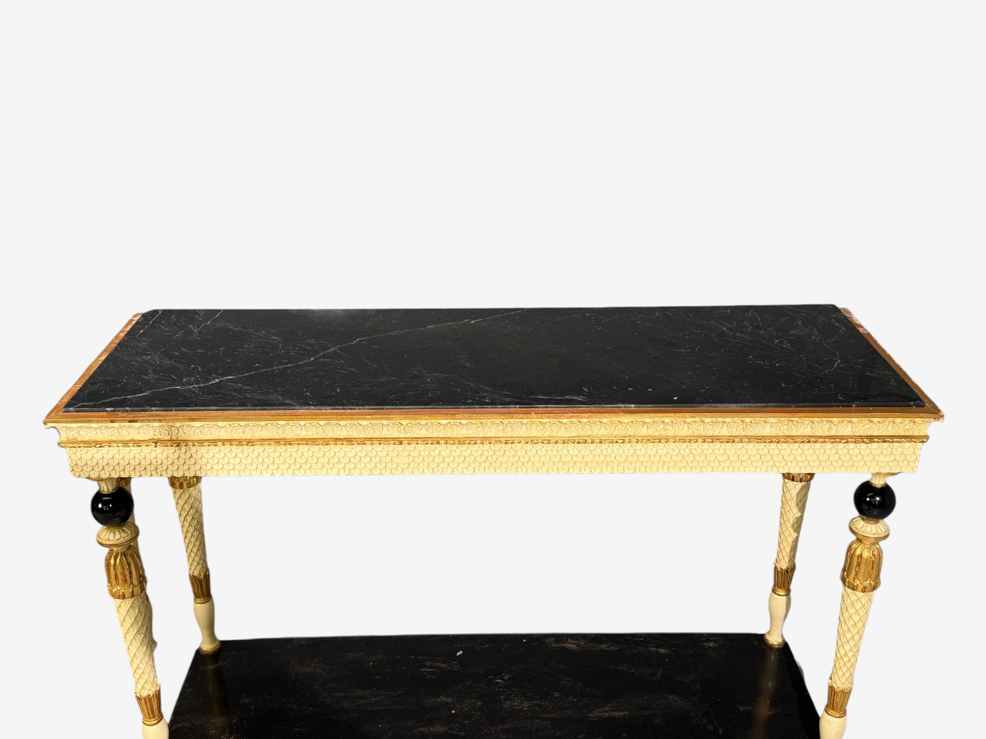 Maison Jansen attr, Neoclassical Style Console Tables, Carved Wood, Black Marble