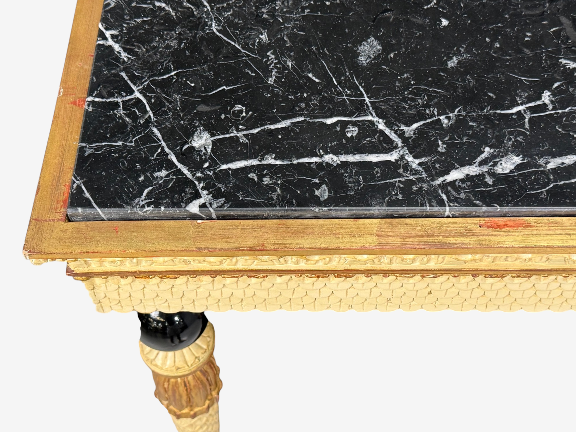Maison Jansen attr, Neoclassical Style Console Tables, Carved Wood, Black Marble