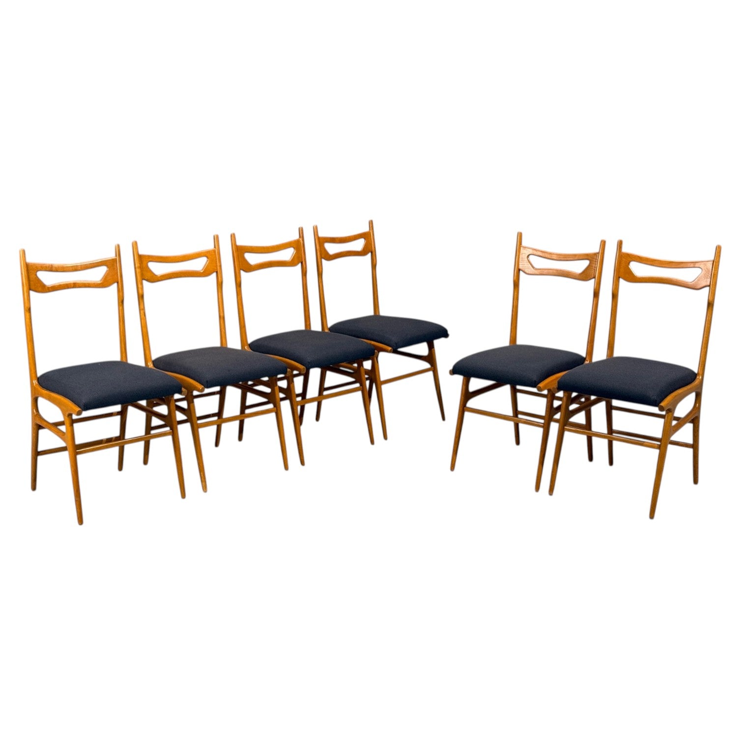 Vittorio Vago Mobili, Six Dining Chairs, Fruitwood, Fabric, Italy, 1960s