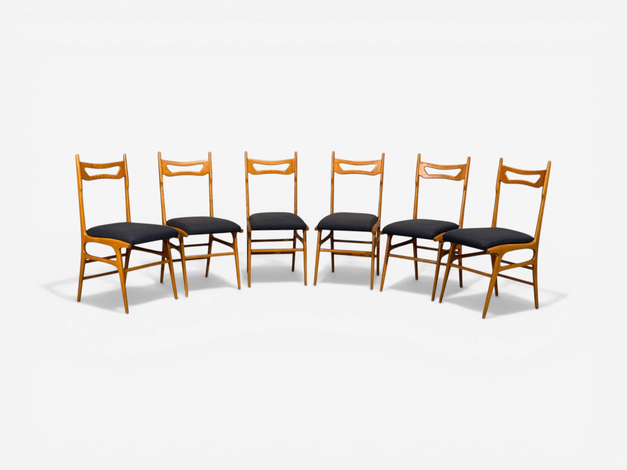 Vittorio Vago Mobili, Six Dining Chairs, Fruitwood, Fabric, Italy, 1960s