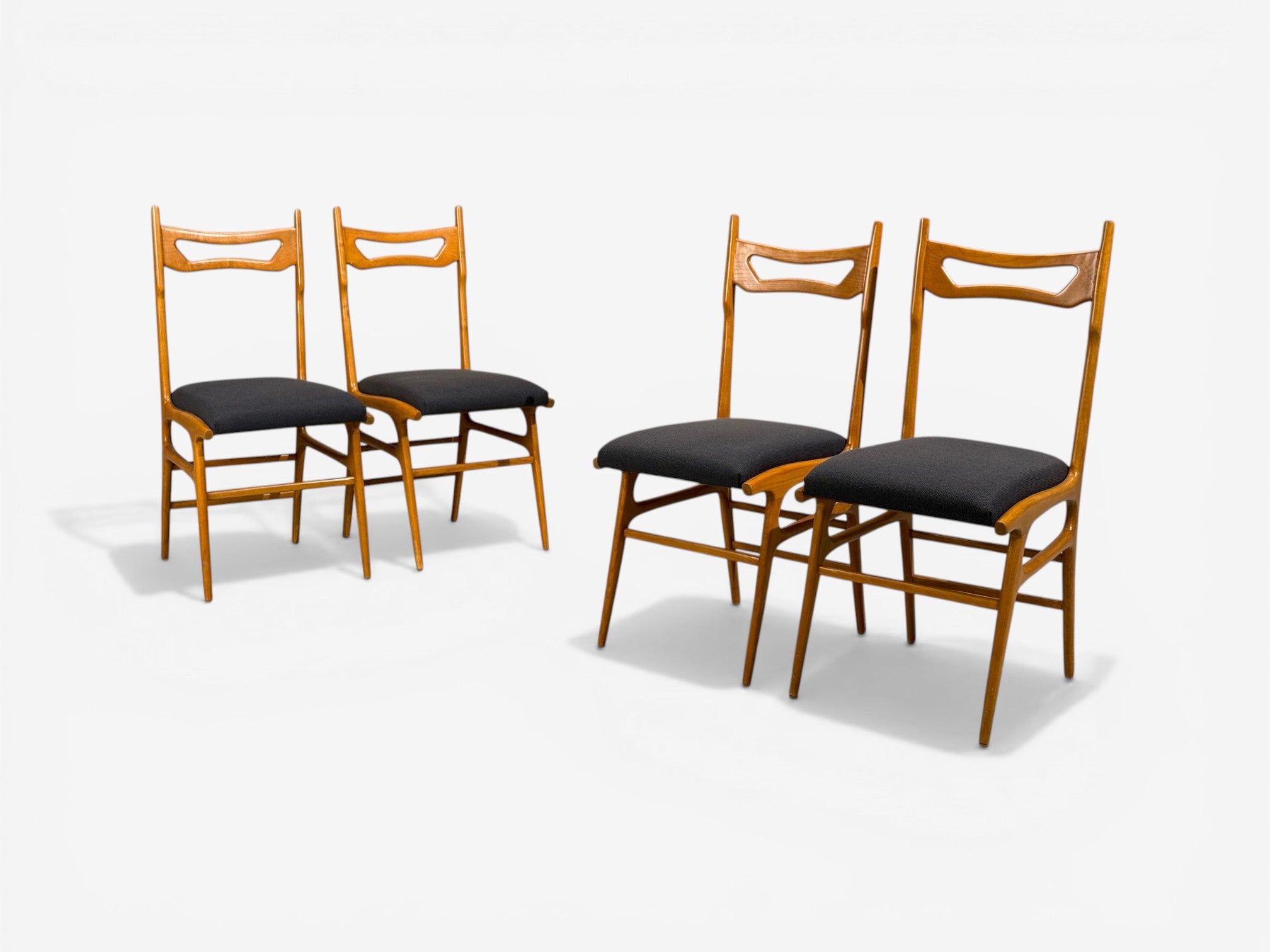Vittorio Vago Mobili, Six Dining Chairs, Fruitwood, Fabric, Italy, 1960s