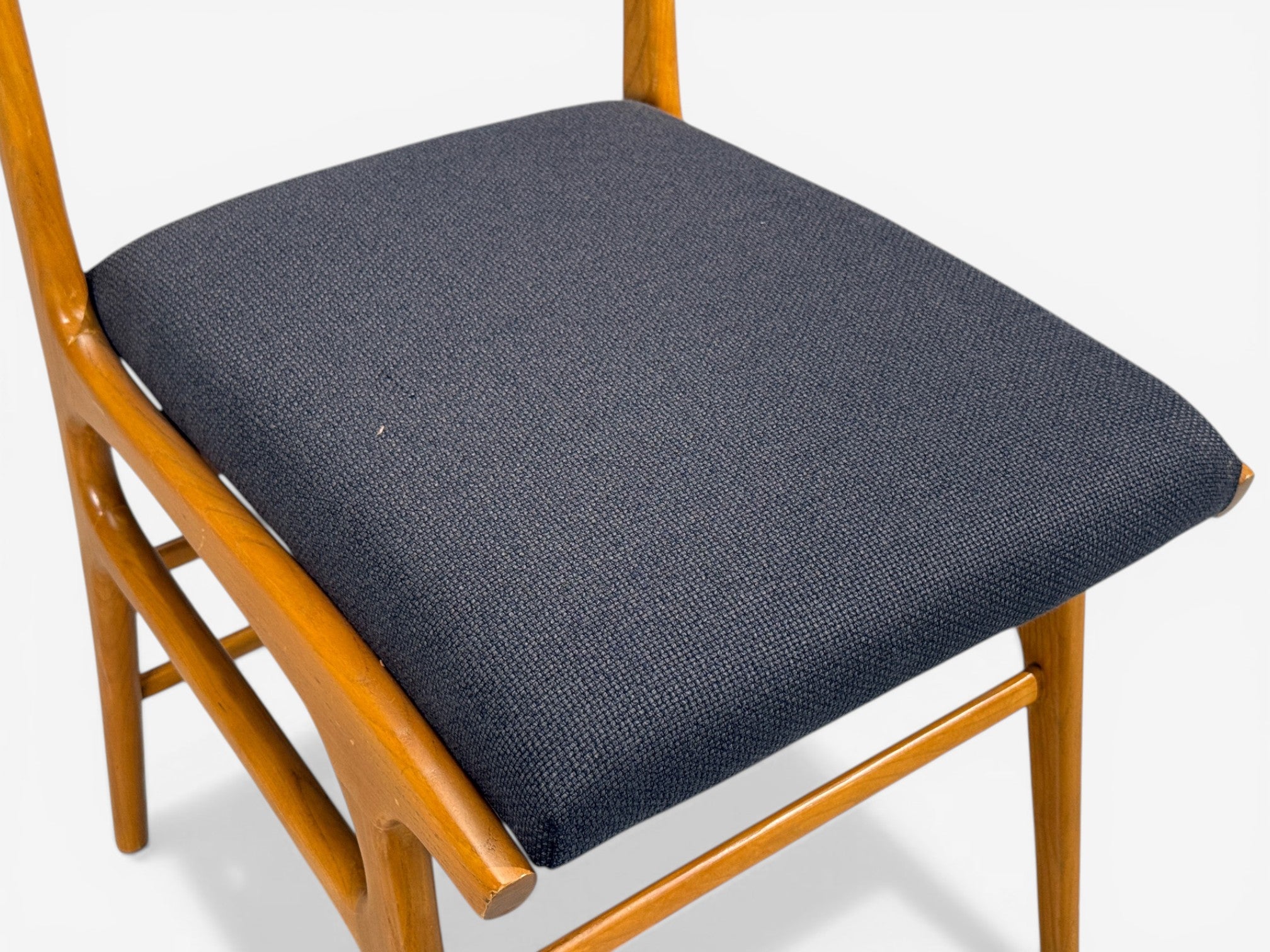 Vittorio Vago Mobili, Six Dining Chairs, Fruitwood, Fabric, Italy, 1960s