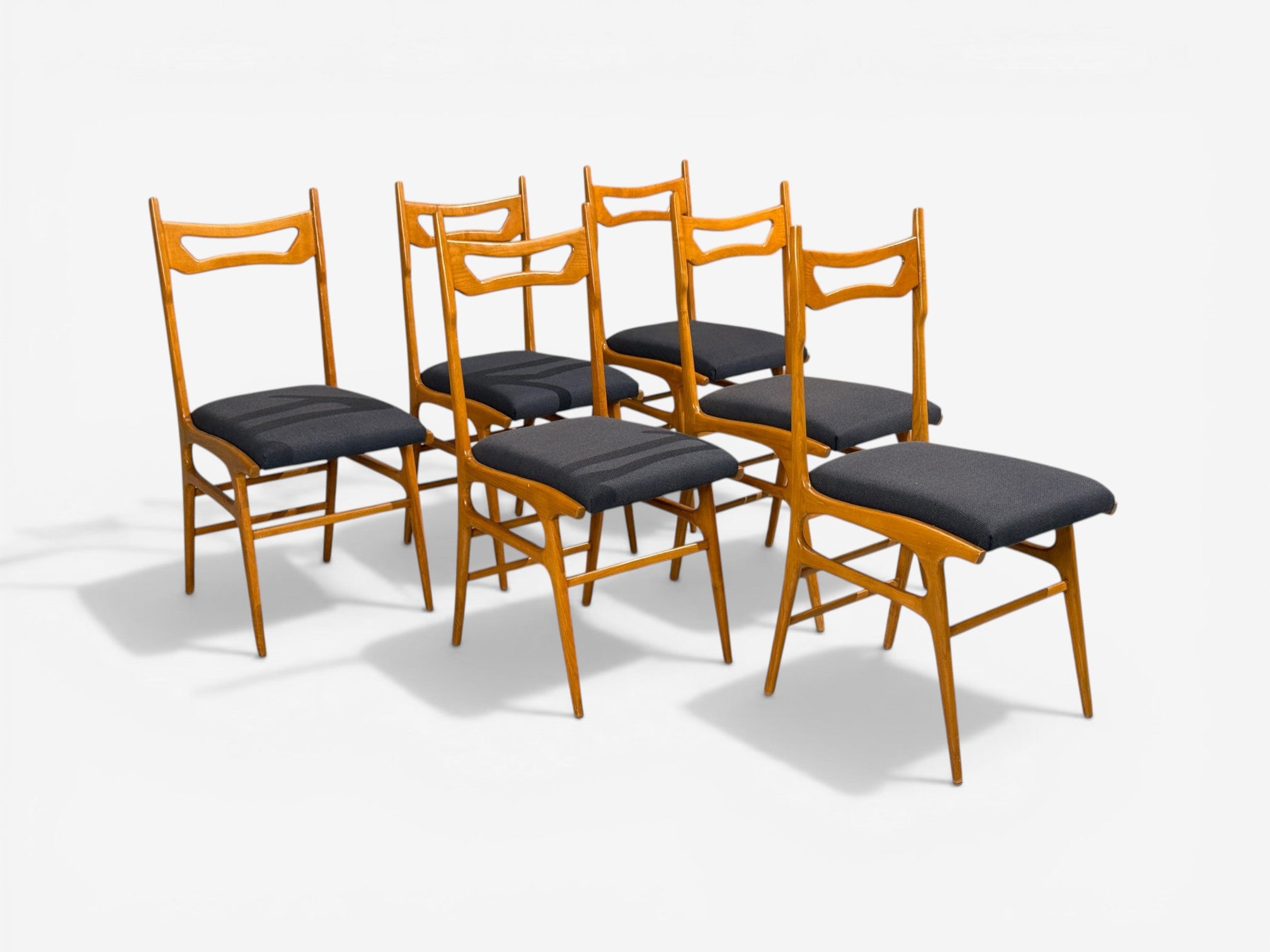 Vittorio Vago Mobili, Six Dining Chairs, Fruitwood, Fabric, Italy, 1960s