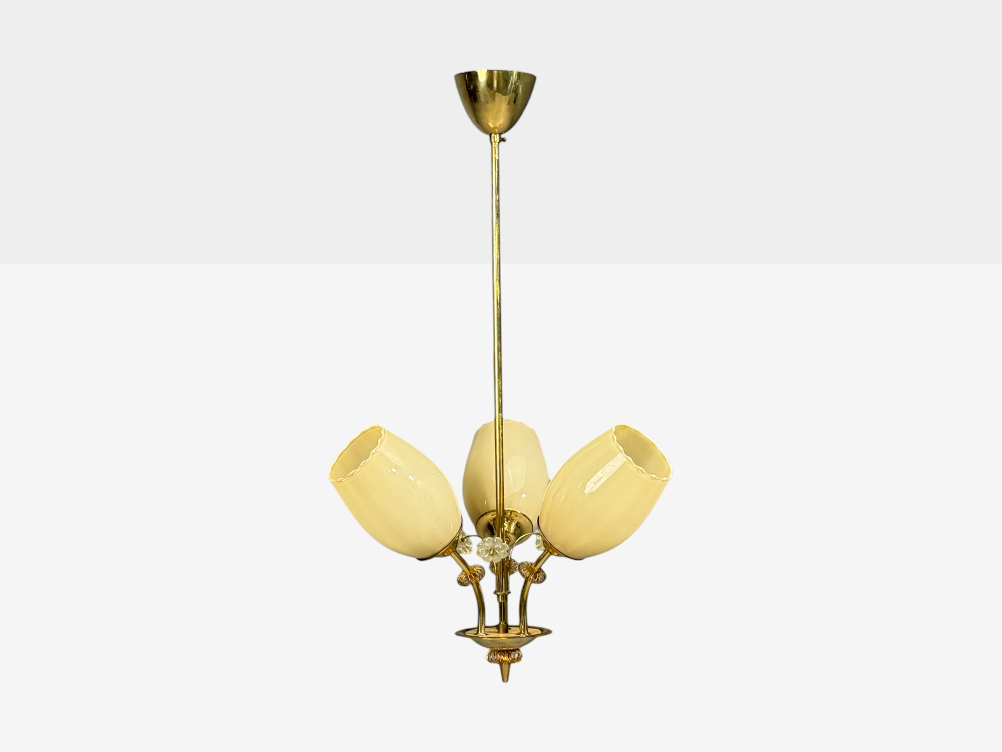 Itsu, Finnish Modern, Snowflake Chandelier, Brass, Glass, Finland, 1950s