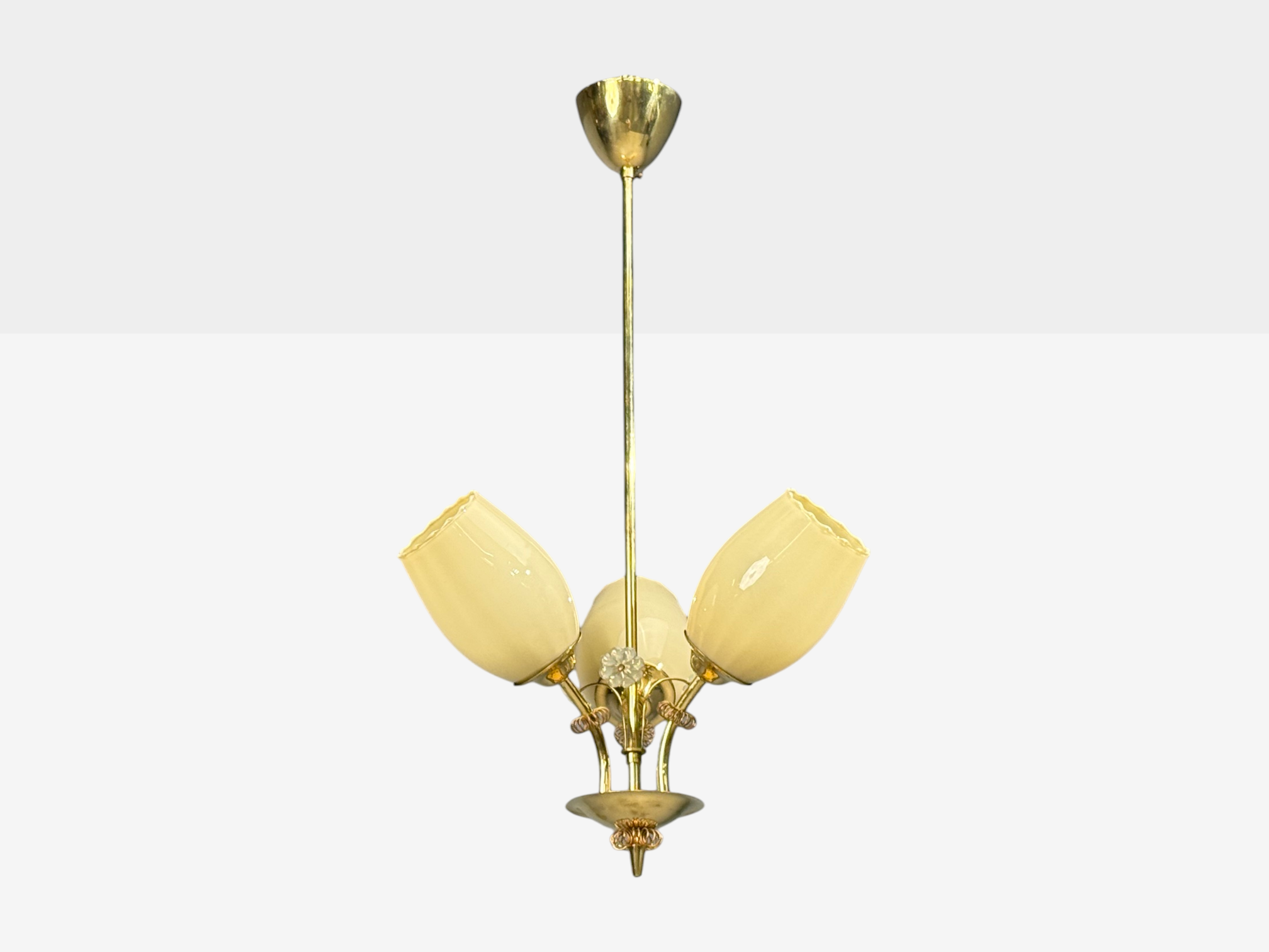 Itsu, Finnish Modern, Snowflake Chandelier, Brass, Glass, Finland, 1950s