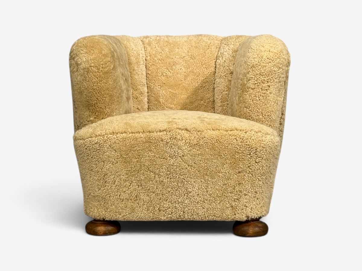 Danish Modern, Banana Style Tub Chair, Beech, Honey Sheepskin, Denmark, 1930s