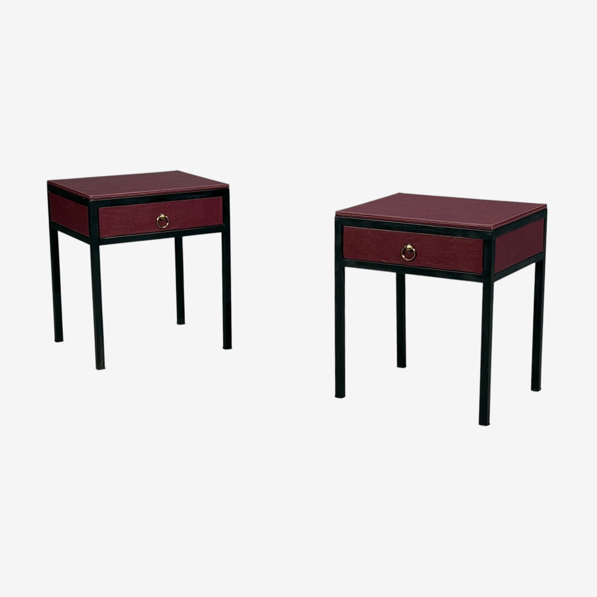 Jean-Michel Frank Style, Nightstands, Burgundy Leather, Iron