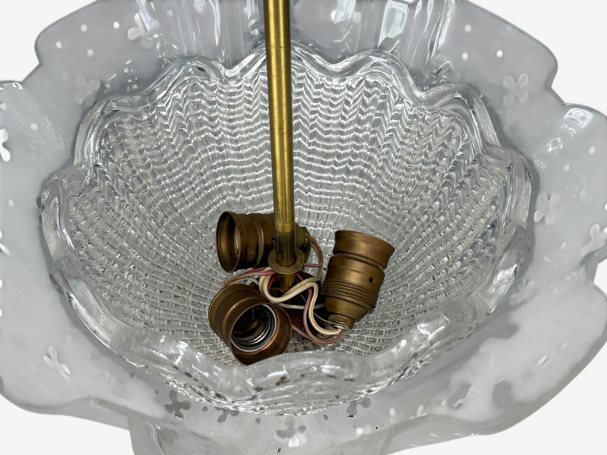Nils Landberg, Rare Chandelier, Etched Glass, Brass, Sweden, 1940s