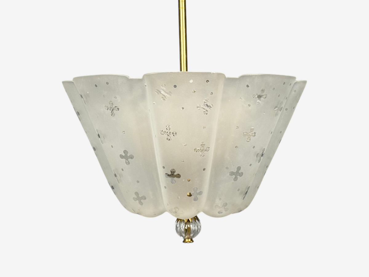 Nils Landberg, Rare Chandelier, Etched Glass, Brass, Sweden, 1940s