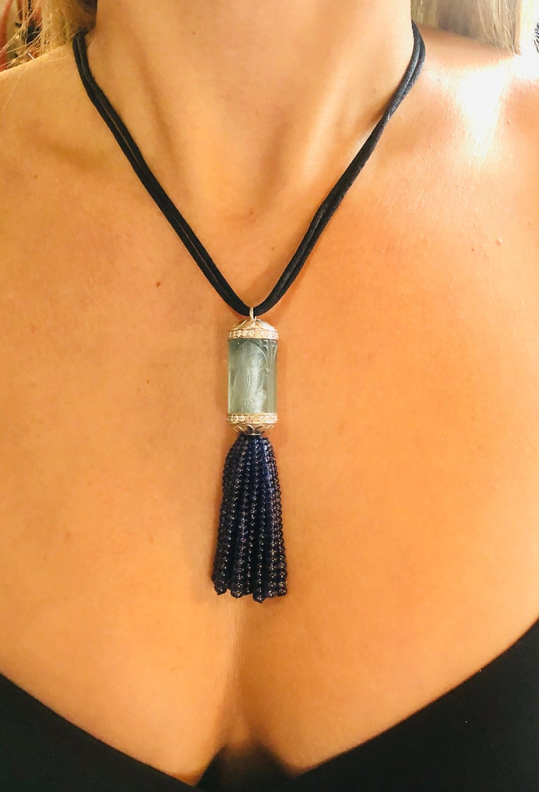 100 Carat Aquamarine Platinum and Diamond Pendant Tassle