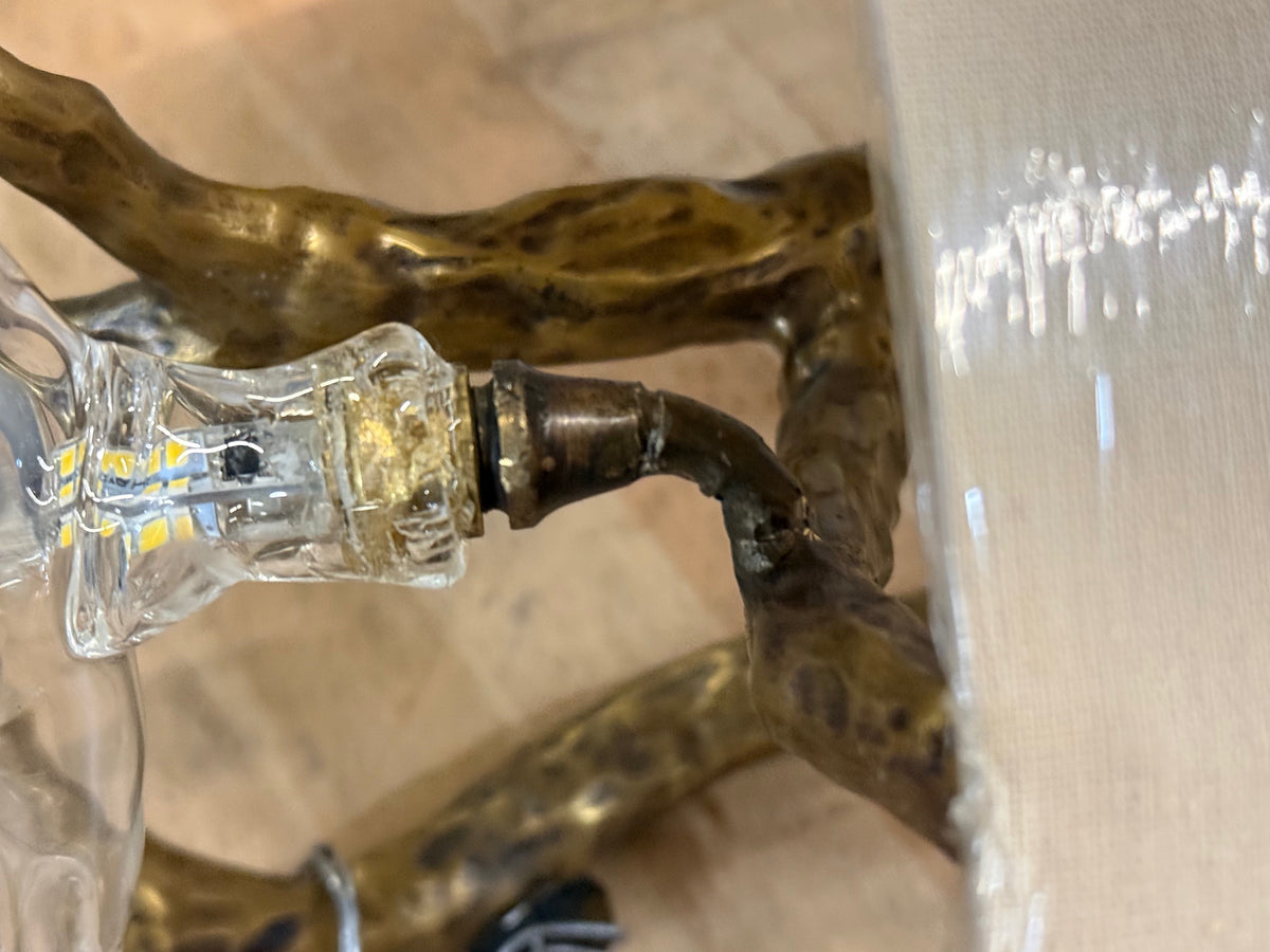 Brutalist Modern, Hammered Bronze, Crystal, Linen, Bird Wall Sconces, 21st C.