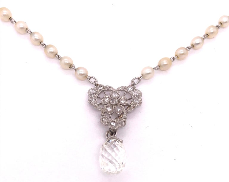 Tiffany & Co. White Gold Beaded Pearl Necklace with Diamonds and Large Briolette